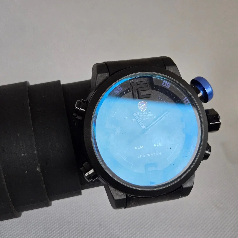 Shark Sport Watch Mens Black Dual Display Analog Digital Blue Crown 5.5in Tested